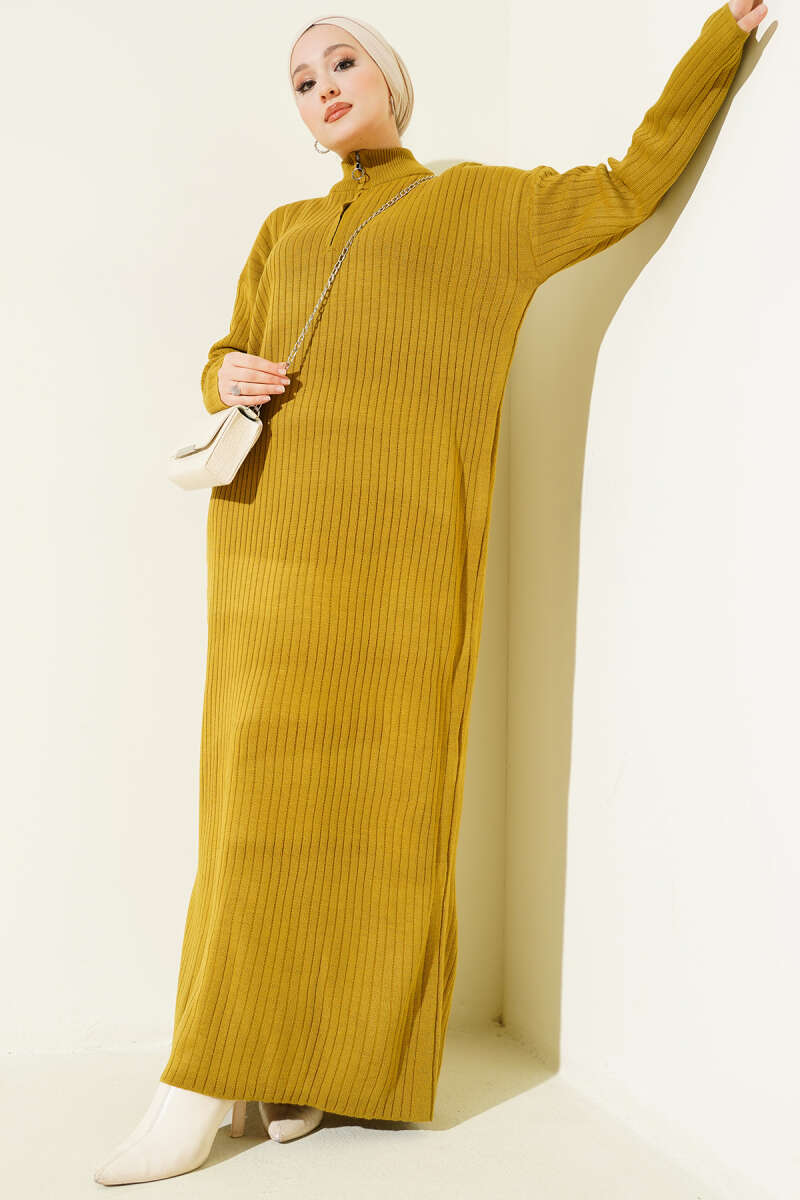 Half Zipper Fitted Ribbed Knit Dress Leaf Green
