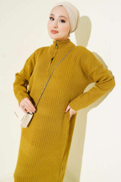 Alternative view of Half Zipper Fitted Ribbed Knit Dress Leaf Green