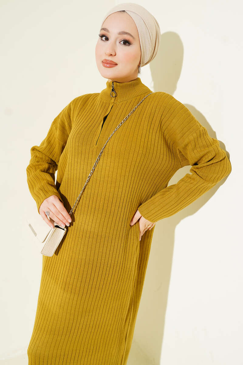 Half Zipper Fitted Ribbed Knit Dress Leaf Green - immagine 2