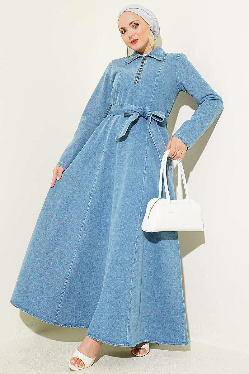 Half-Zip Shirt Collar Denim Dress Dark Blue - immagine 5