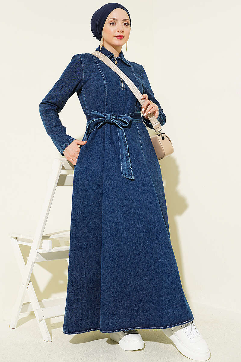 Half-Zip Shirt Collar Denim Dress Dark Blue