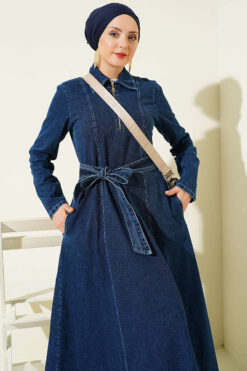 Alternative view of Half-Zip Shirt Collar Denim Dress Dark Blue