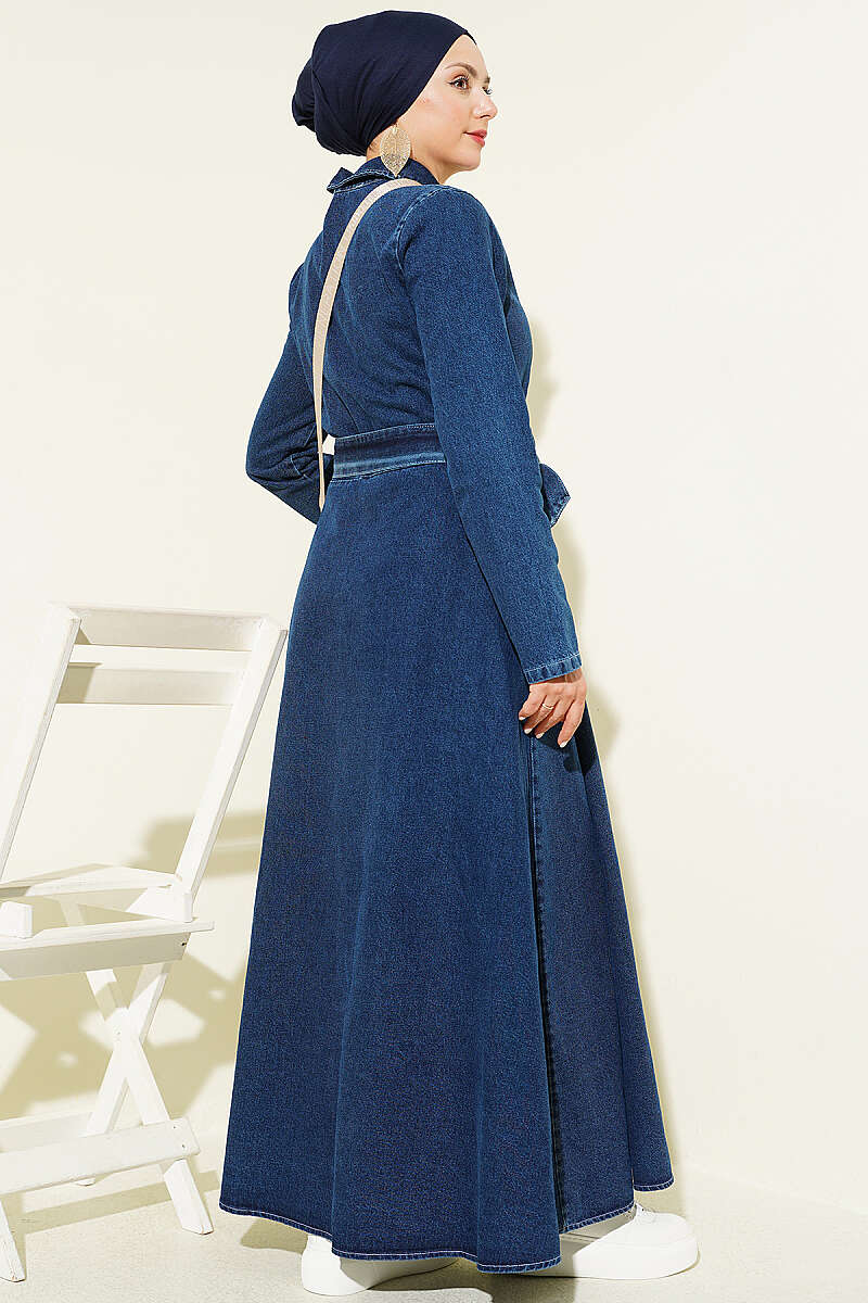 Half-Zip Shirt Collar Denim Dress Dark Blue - immagine 3