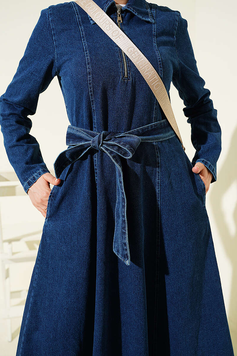 Half-Zip Shirt Collar Denim Dress Dark Blue - immagine 4