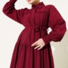 Half Hidden Button Tie Dress Burgundy – Image 2