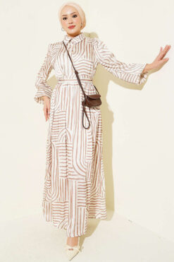 Half Placket Patterned Satin Dress Beige