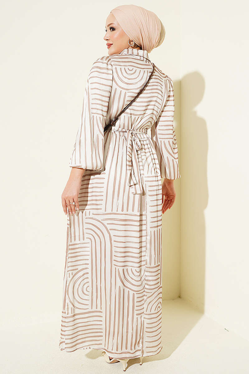 Half Placket Patterned Satin Dress Beige – Bild 3