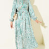 Half Placket Patterned Satin Dress Green