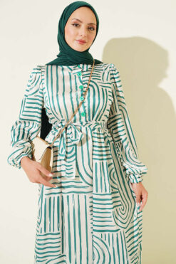 Alternative view of Half Placket Patterned Satin Dress Green