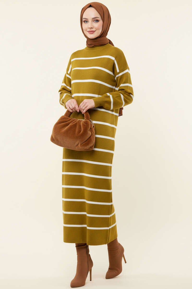 Striped Turtleneck Knit Dress Leaf Green