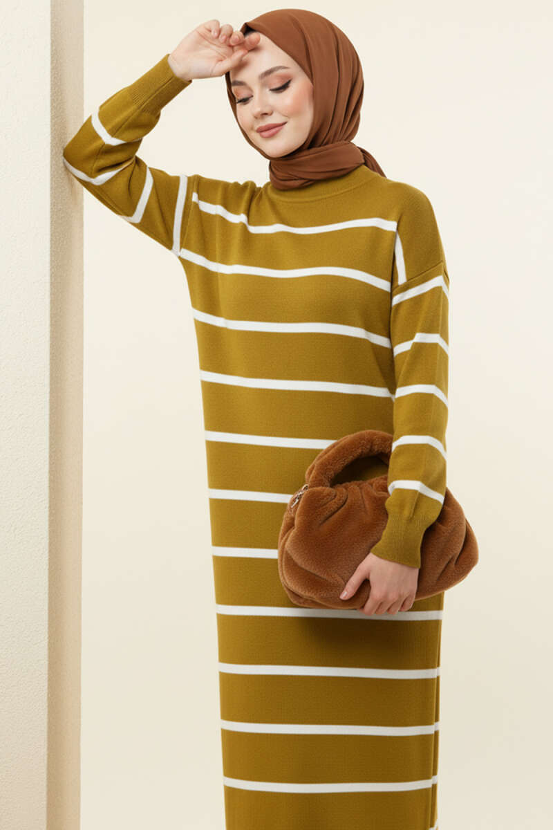 Striped Turtleneck Knit Dress Leaf Green - immagine 2