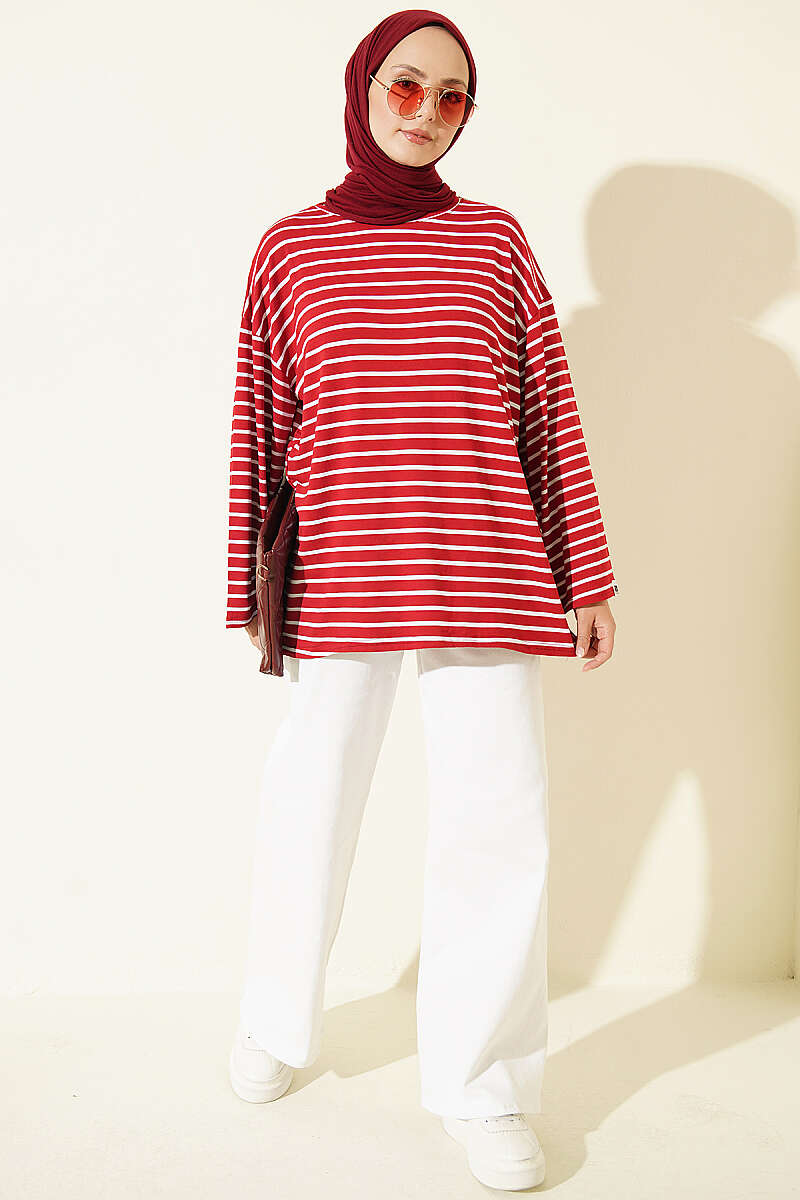 Striped Viscose Tunic Burgundy - Image 2