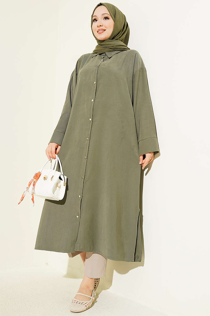 Slit Detail Tencel Long Tunic Khaki