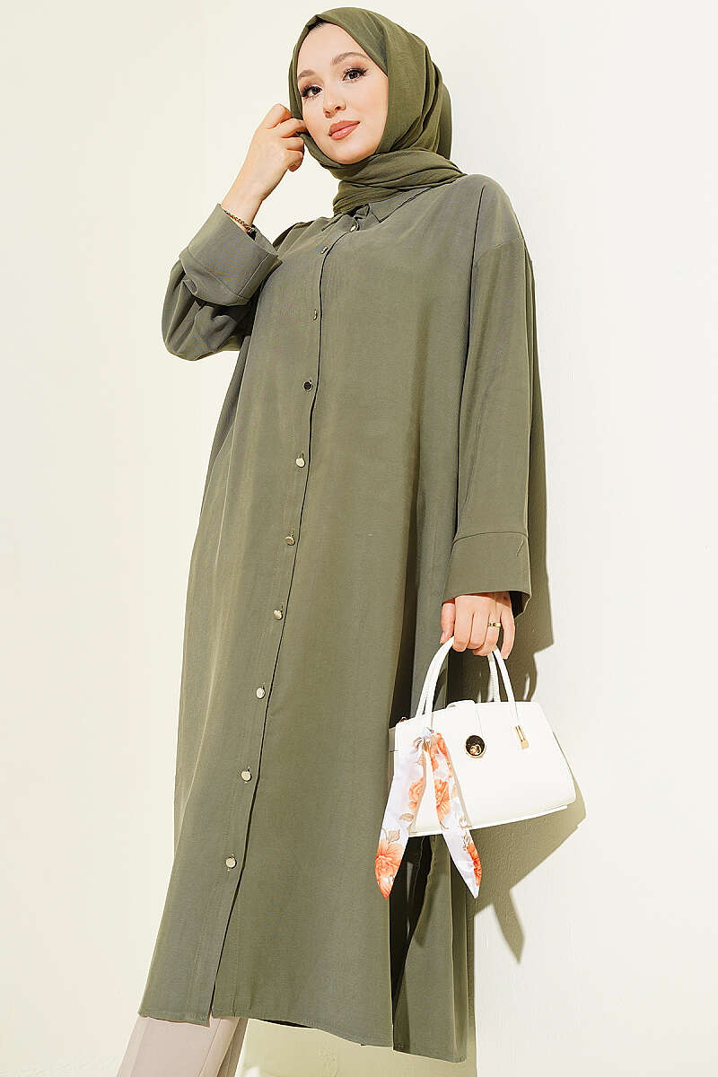 Slit Detail Tencel Long Tunic Khaki - الصورة 2