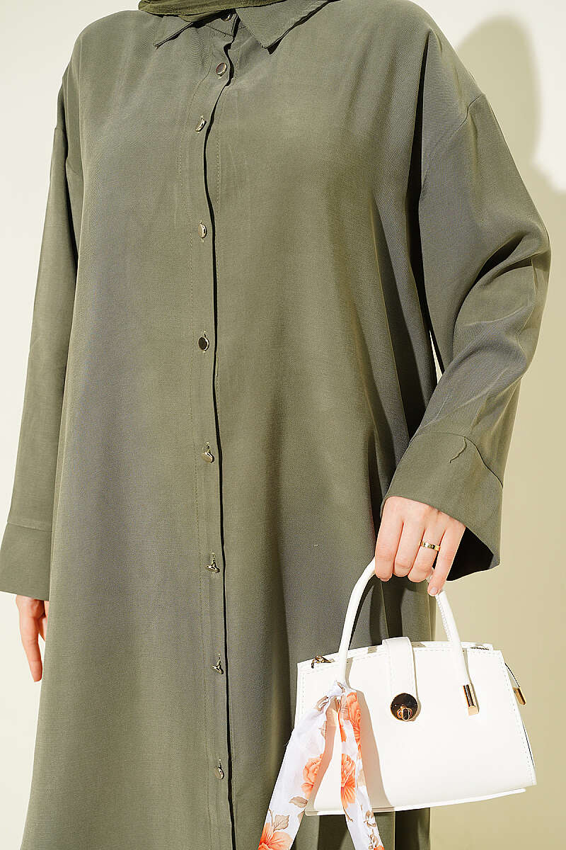 Slit Detail Tencel Long Tunic Khaki - الصورة 4