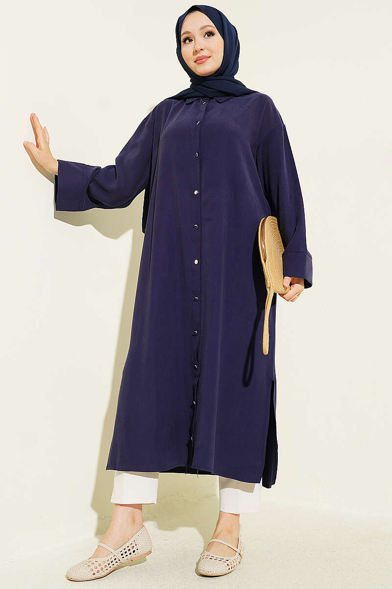 Slit Detail Tencel Long Tunic Navy Blue
