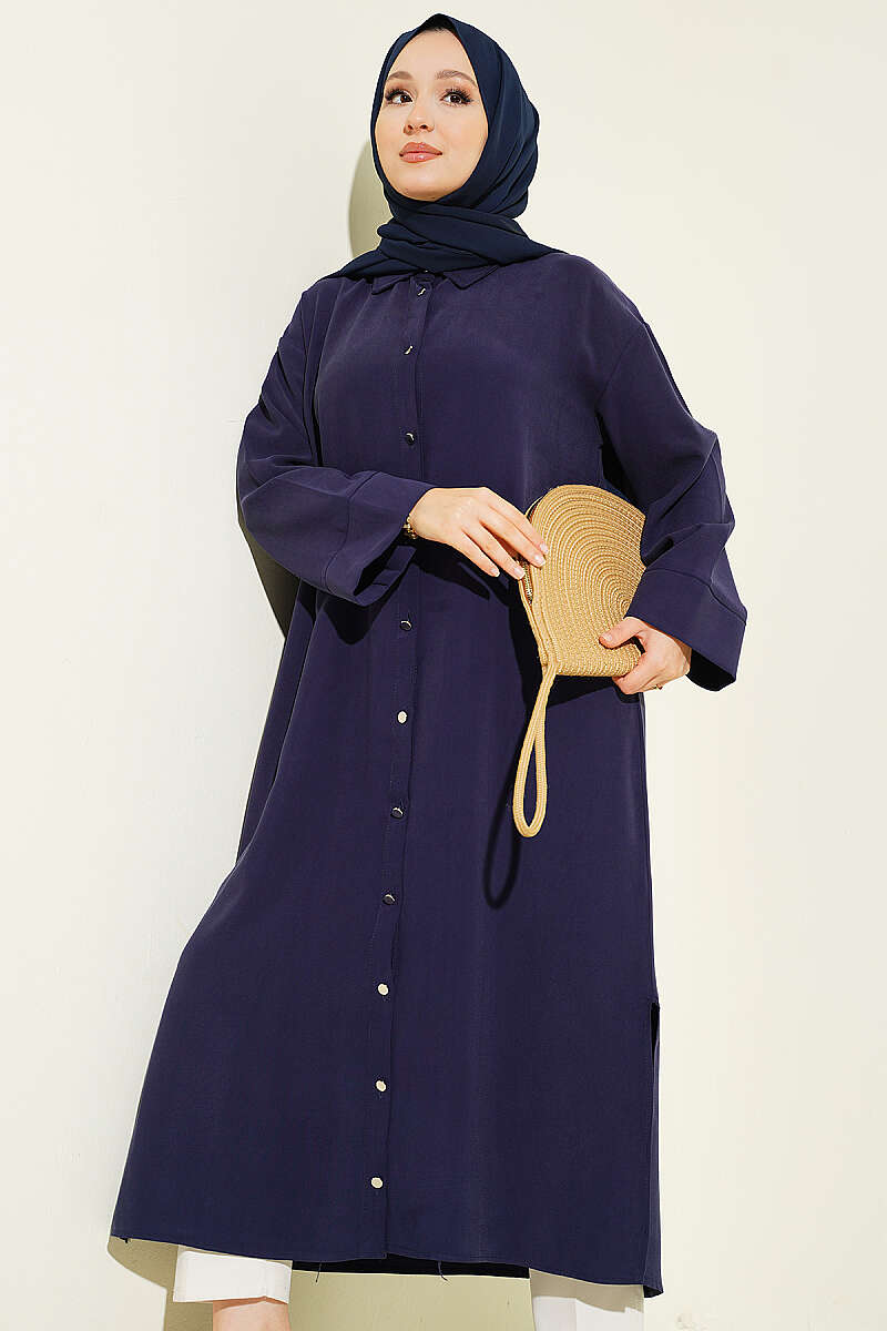 Slit Detail Tencel Long Tunic Navy Blue - الصورة 2