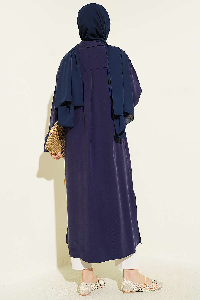 Slit Detail Tencel Long Tunic Navy Blue - الصورة 3