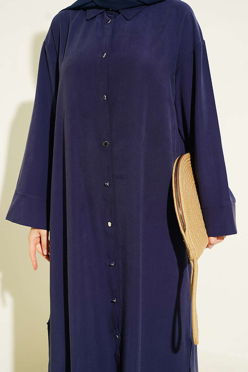Slit Detail Tencel Long Tunic Navy Blue - الصورة 4