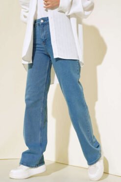 High Waist Palazzo Denim Pants with Tint Finish Light Blue