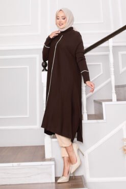 Elegant Lurex Striped Mevlana Knit Tunic Brown