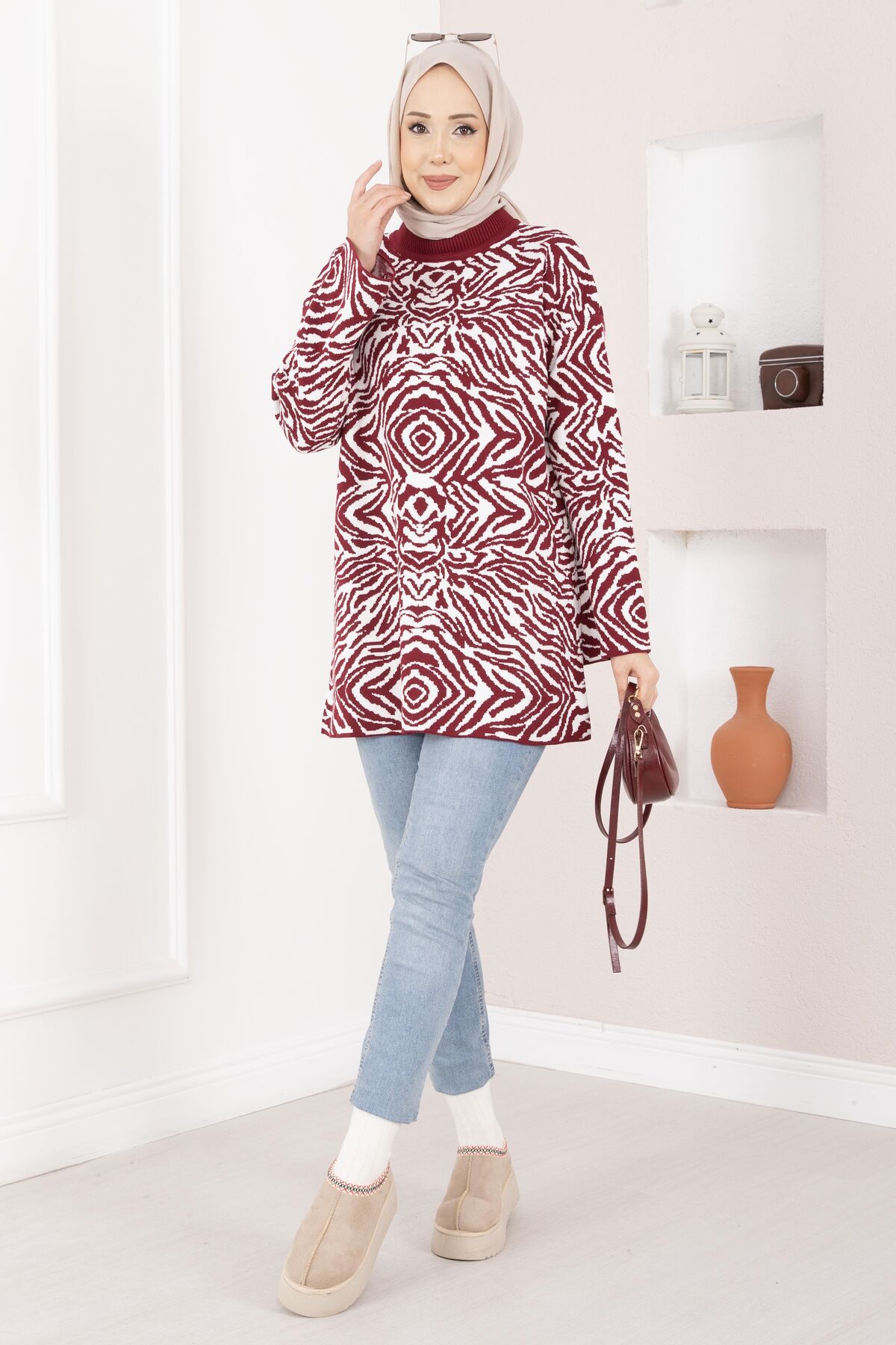 Zebra Print Knitted Sweater Burgundy – Bild 3