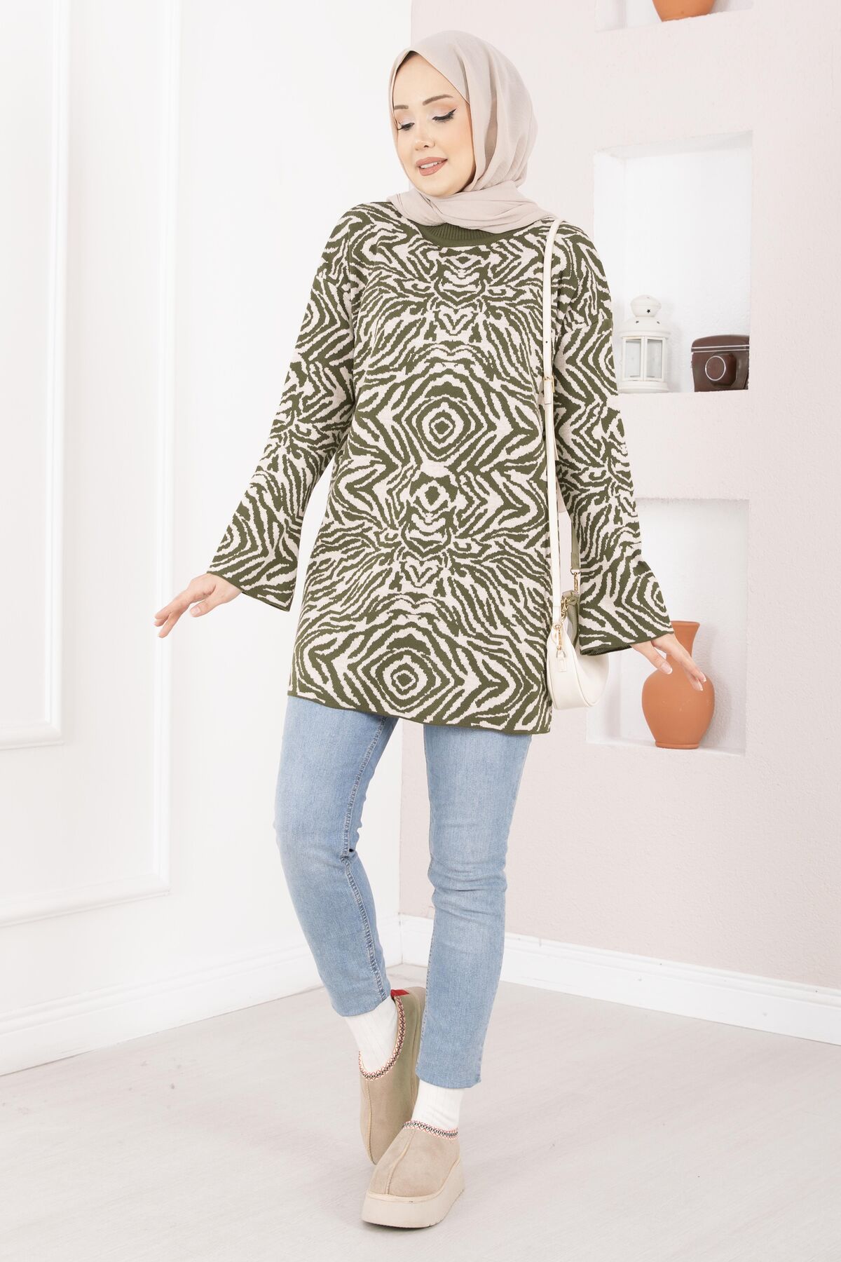 Zebra Print Knitted Sweater Khaki