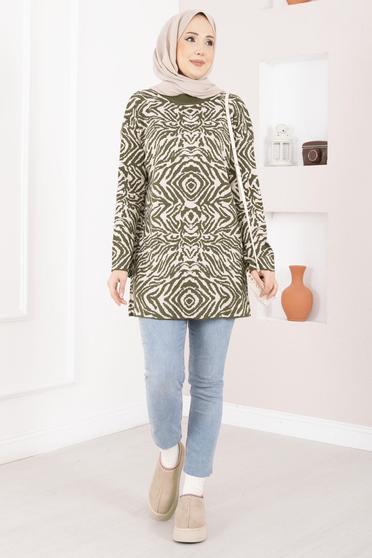 Zebra Print Knitted Sweater Khaki - Image 2