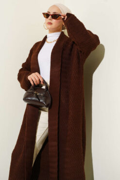 Alternative view of Zigzag Textured Knit Long Cardigan Dark Brown