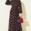 Buttoned Chiffon Dress with Chain Pattern Burgundy