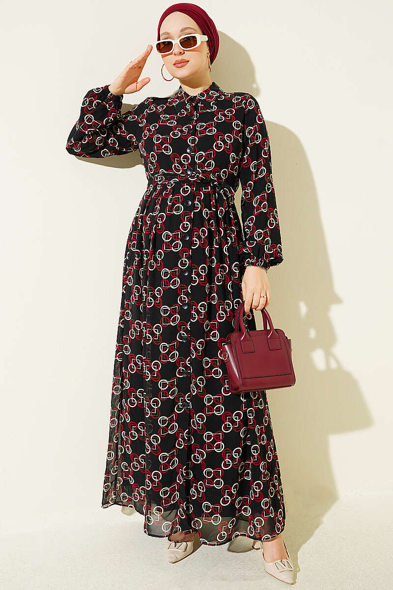 Buttoned Chiffon Dress with Chain Pattern Burgundy