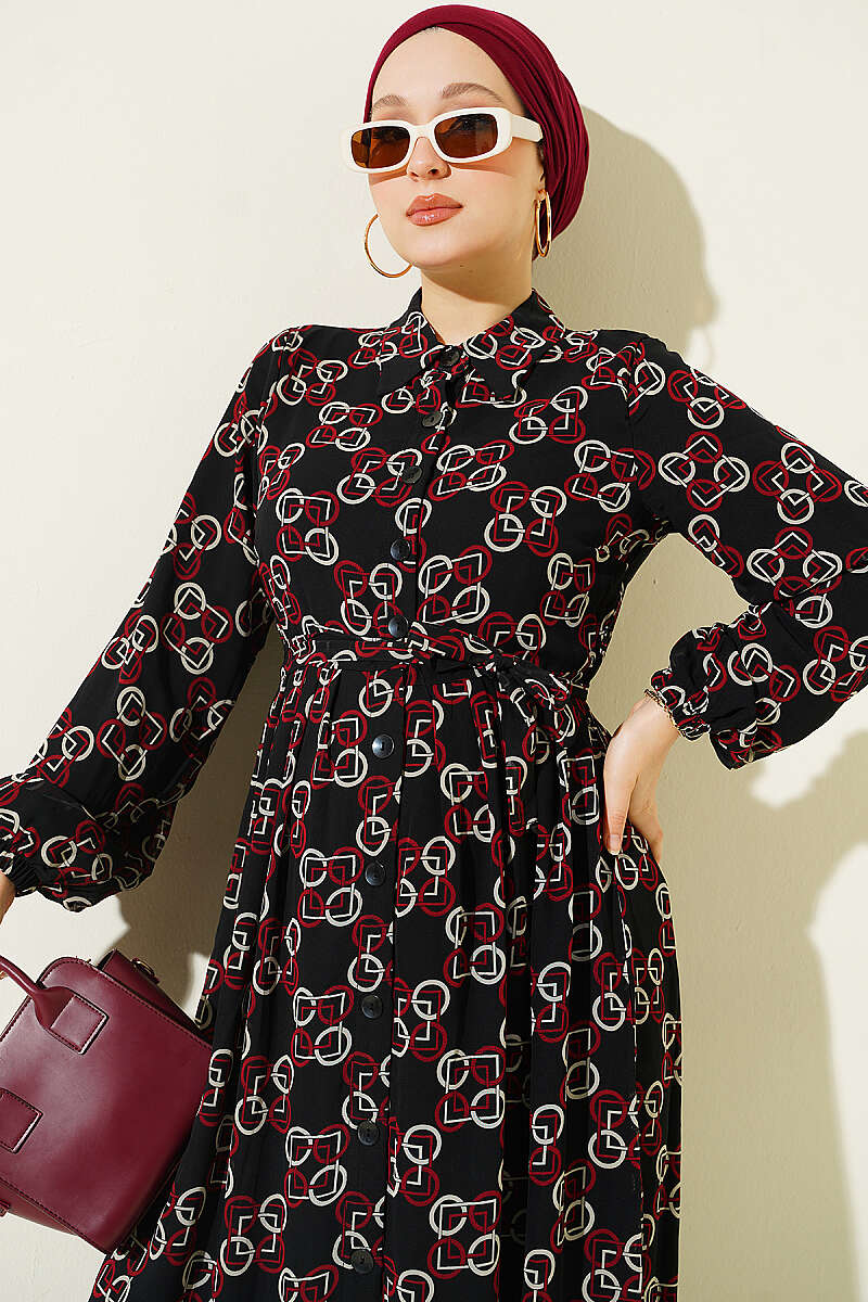 Buttoned Chiffon Dress with Chain Pattern Burgundy - Imagen 2