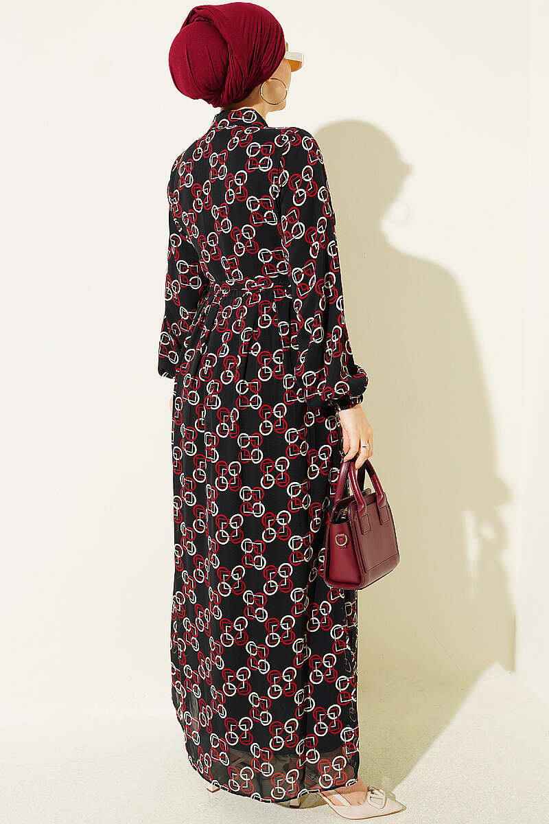 Buttoned Chiffon Dress with Chain Pattern Burgundy - Imagen 3