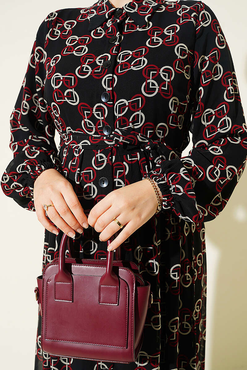 Buttoned Chiffon Dress with Chain Pattern Burgundy - Imagen 4