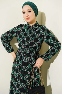 Alternative view of Buttoned Chiffon Dress with Chain Pattern Green