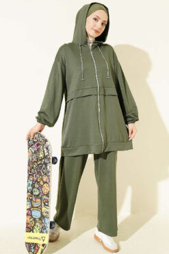 Chain-Detailed Zip-Up French Terry Two-Piece Set Khaki