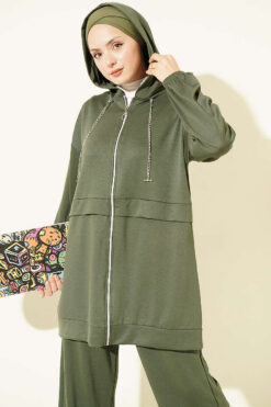 Alternative view of Chain-Detailed Zip-Up French Terry Two-Piece Set Khaki