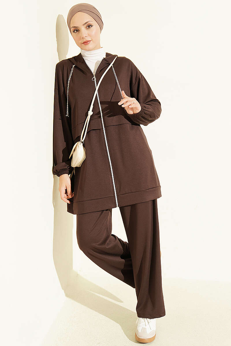 Chain-Detailed Zip-Up French Terry Two-Piece Set Brown