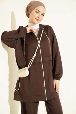 Alternative view of Chain-Detailed Zip-Up French Terry Two-Piece Set Brown