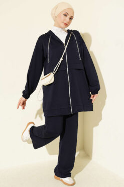Chain-Detailed Zip-Up French Terry Two-Piece Set Navy Blue