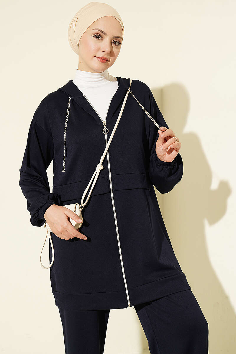 Chain-Detailed Zip-Up French Terry Two-Piece Set Navy Blue – Bild 2
