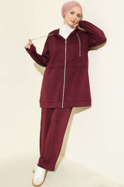Chain-Detailed Zip-Up French Terry Two-Piece Set Plum
