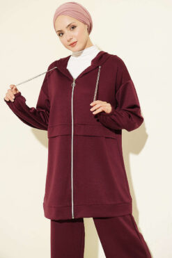 Alternative view of Chain-Detailed Zip-Up French Terry Two-Piece Set Plum