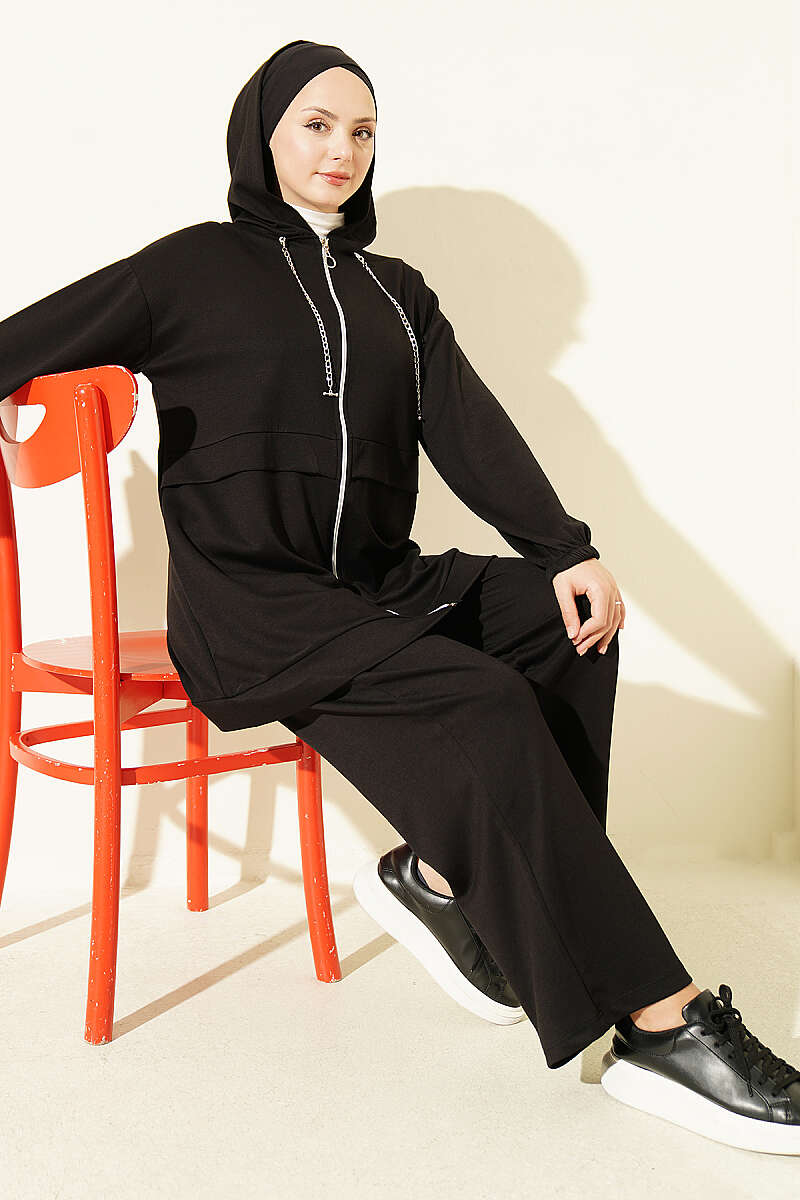 Chain-Detailed Zip-Up French Terry Two-Piece Set Black