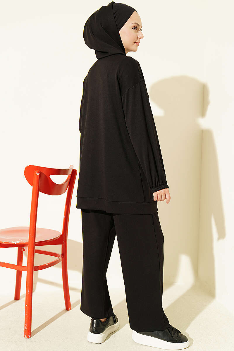Chain-Detailed Zip-Up French Terry Two-Piece Set Black - immagine 3