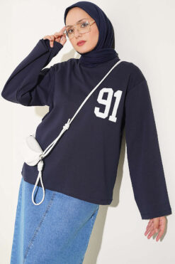 Printed French terry long tunic Navy Blue
