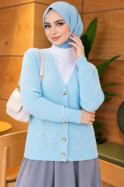 Lace-Pattern V-Neck Knit Cardigan Baby Blue