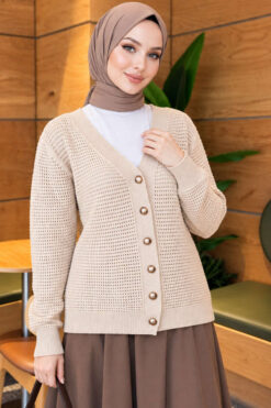 Lace-Pattern V-Neck Knit Cardigan Beige