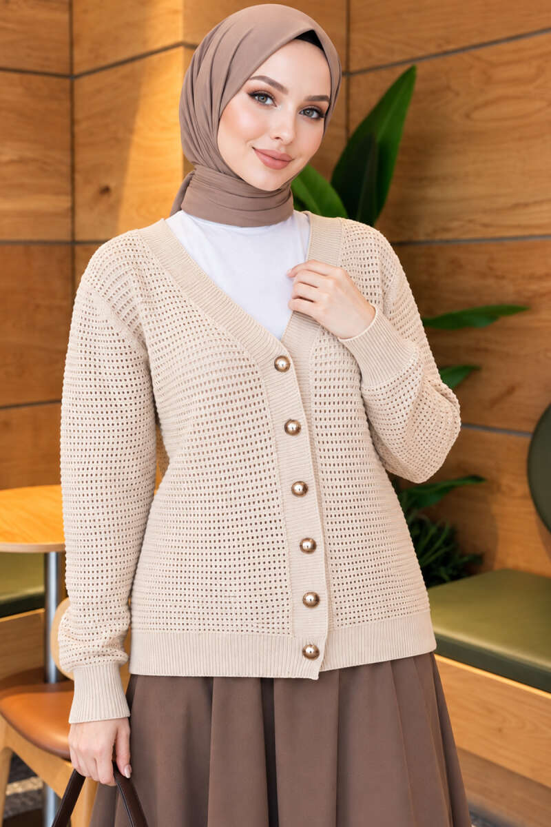 Lace-Pattern V-Neck Knit Cardigan Beige