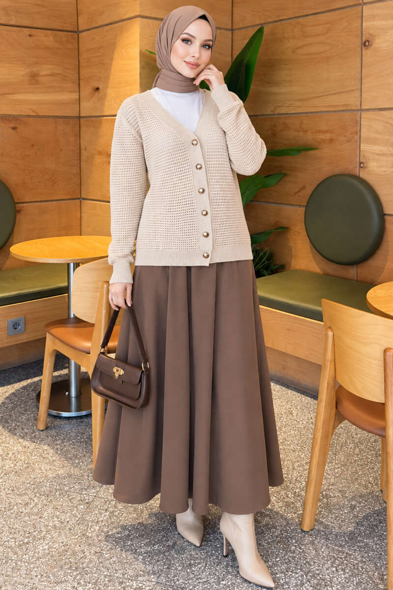 Lace-Pattern V-Neck Knit Cardigan Beige - Image 2